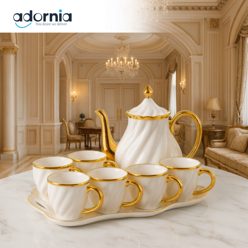 8 Pieces Luxury Porcelain Tea Set with Gold Trim | Elegant Tea Serveware ZQ-148-8 | Adornia Pakistan