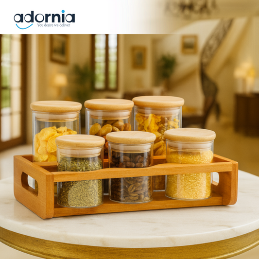 LUXURY WOODEN TRAY WITH GLASS 6PIECE JARS – ELEGANT KITCHEN & DINING TABLE ORGANIZER - ZQ-040