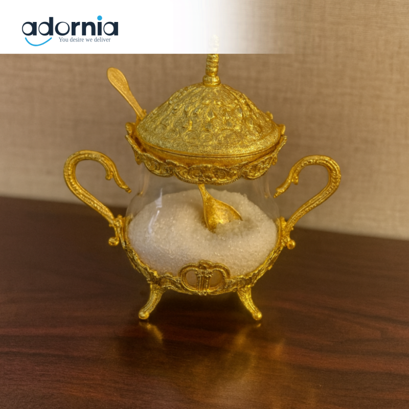 SUGAR POT WITH LID AND SPOON – ELEGANT TABLETOP CONTAINER - GOLDEN JWG-039