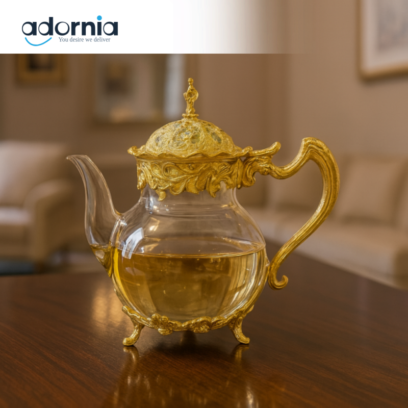 GLASS TEAPOT WITH HANDLE AND JUICE SERVING DESIGN - GOLDEN JWG-035