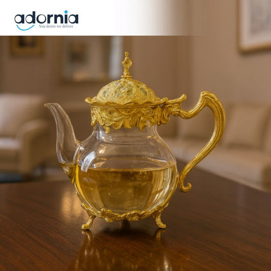 GLASS TEAPOT WITH HANDLE AND JUICE SERVING DESIGN - GOLDEN JWG-035