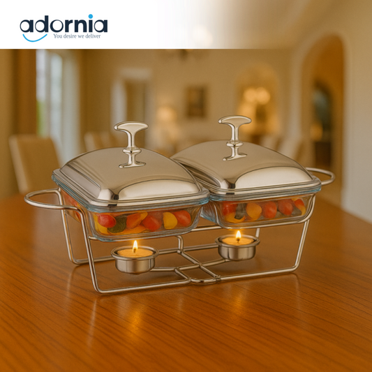 LUXURY VILLA RECTANGULAR 2-IN-1 BUFFET BURNER DISH WITH STAINLESS STEEL STAND - EB-1444