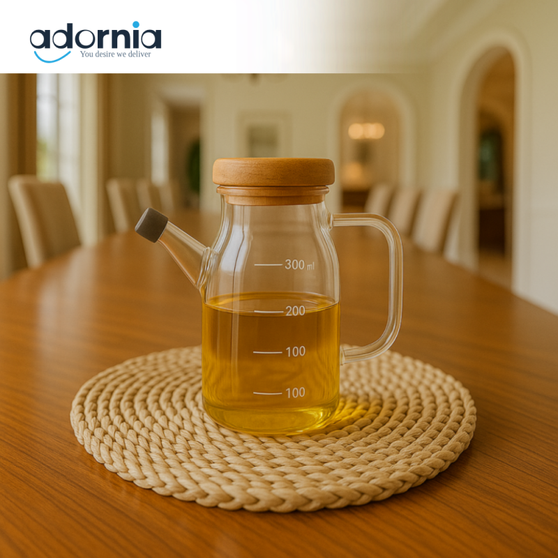 GLASS OIL DISPENSER WITH MEASUREMENT MARKINGS AND WOODEN LID - 750ML BG45106