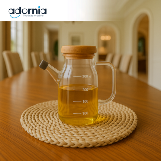 GLASS OIL DISPENSER WITH MEASUREMENT MARKINGS AND WOODEN LID - 750ML BG45106