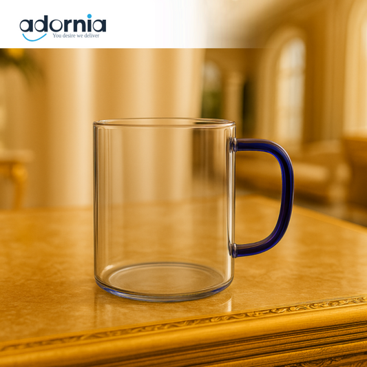 LUXURY TRANSPARENT GLASS MUG WITH BLUE HANDLE – MODERN TEA COFFEE CUP BG45113
