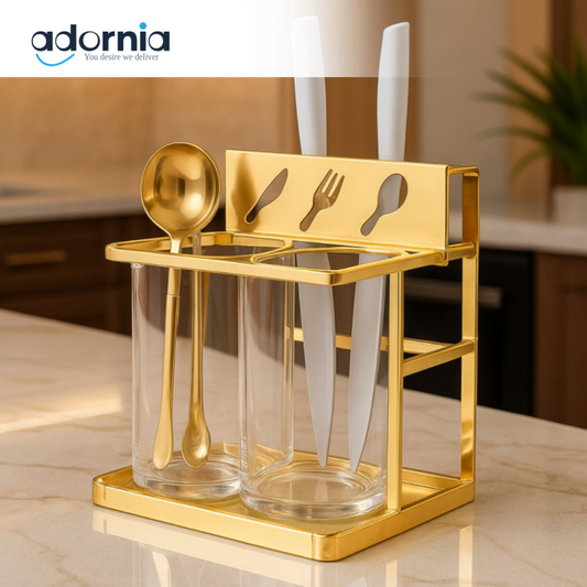 GOLD METAL UTENSIL HOLDER WITH GLASS CONTAINERS – LUXURY KITCHEN COUNTERTOP ORGANIZER - 6207G
