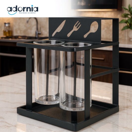 BLACK METAL UTENSIL HOLDER WITH GLASS CONTAINERS – LUXURY KITCHEN COUNTERTOP ORGANIZER 18567