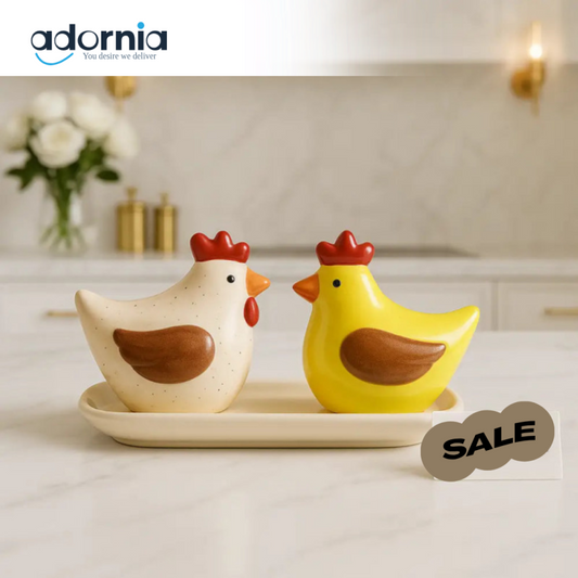 CERAMIC SALT & PEPPER SHAKER SET WITH LEAF TRAY - HENS KM16011