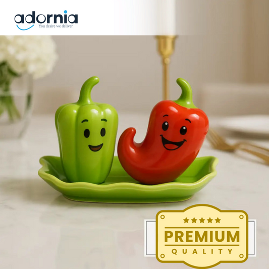 CERAMIC SALT & PEPPER SHAKER SET WITH LEAF TRAY - CHILLI YM30