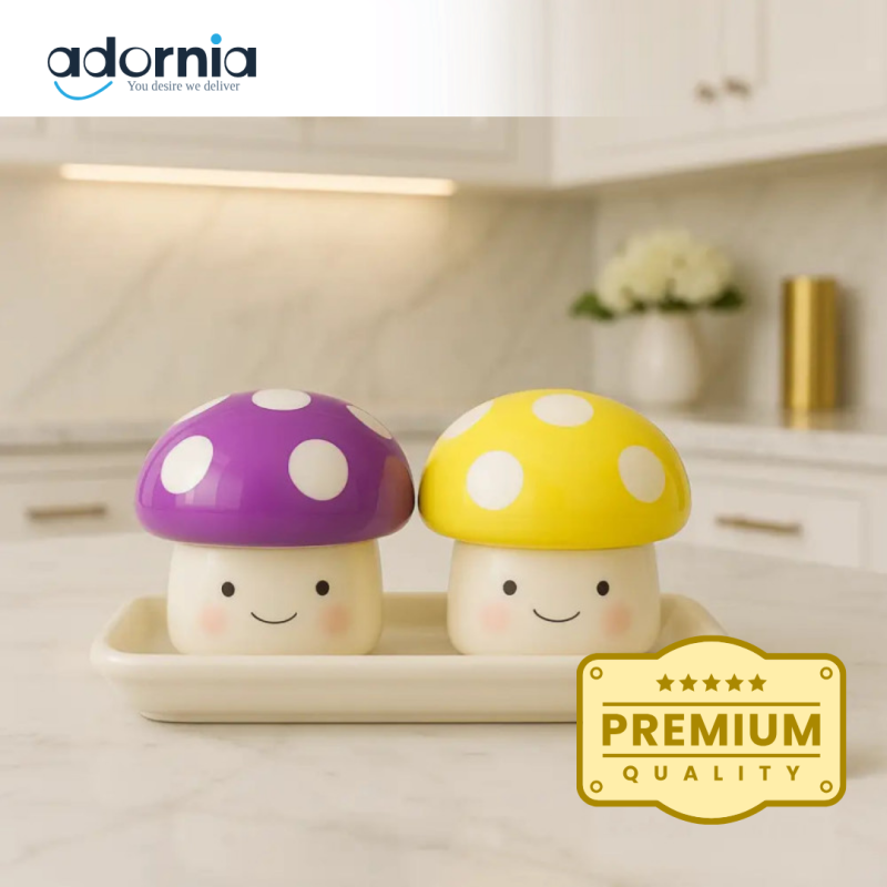 CERAMIC SALT & PEPPER SHAKER SET WITH LEAF TRAY - MUSHROOM YM26