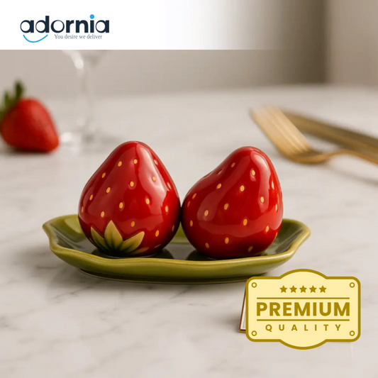 CERAMIC SALT & PEPPER SHAKER SET WITH LEAF TRAY - STRAWBERRY YM22