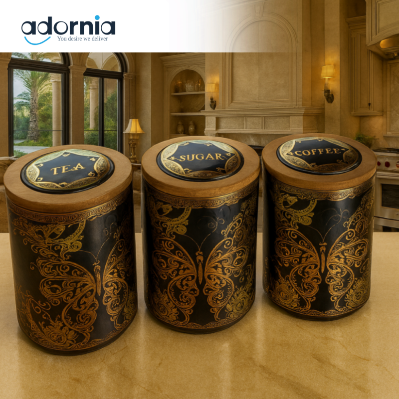 LUXURY 3 PIECE TEA SUGAR COFFEE CANISTER SET – CERAMIC JARS WITH WOODEN LIDS & GOLDEN DESIGN HZ113