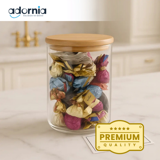 Luxury Airtight Glass Storage Jar with Wooden Lid – Premium Candy & Dry Food Container (Large)