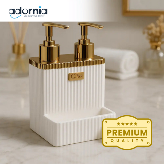 Luxury Dual Soap & Lotion Dispenser – White & Gold Bathroom Organizer