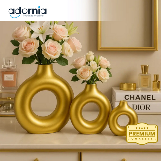 Luxury Golden Donut Flower Vase Set – Modern Fiber Decorative Vases (3 Pieces