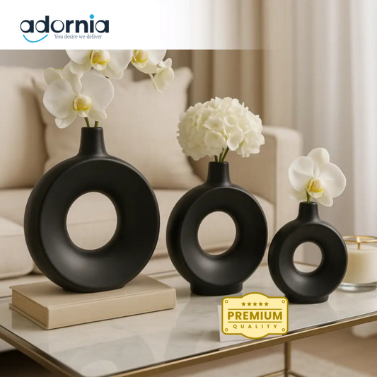 Luxury Black Fiber Ring Vase Set – Modern Hollow Flower Vases (3 Pcs)