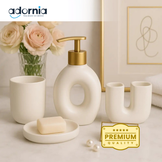 Luxury Ceramic Bathroom Accessory Set with Golden Pump – 4 Pieces