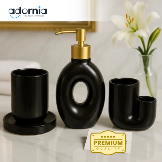 Luxury Black Ceramic 4-Piece Bathroom Set with Gold Pump