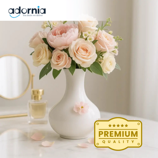 Luxury White Ceramic Vase with Pastel Floral Arrangement – Elegant Home & Vanity Décor