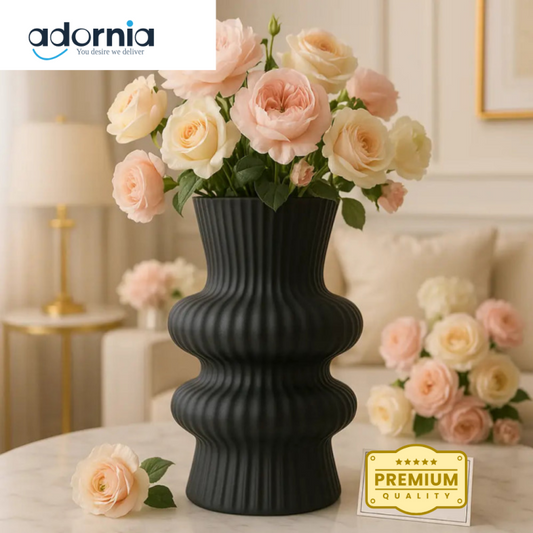 Luxury Black Sculptural Vase – Modern Ribbed Flower Pot for Elegant Home Décor