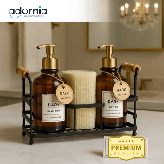 Luxury Amber Soap & Lotion Dispenser Set with Metal Caddy – Premium Bathroom & Kitchen Organizer