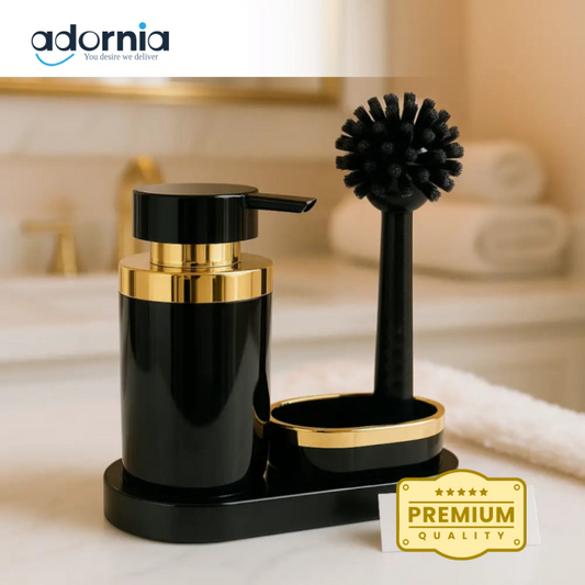 Luxury Black & Gold Soap Dispenser with Dish Brush Set – Elegant Countertop Organizer