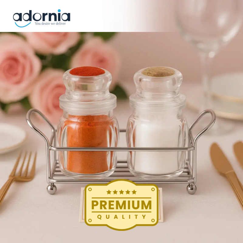 Luxury Glass Spice Jar Set with Elegant Metal Holder – Salt & Pepper Shakers