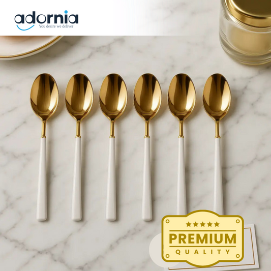 Luxury Gold & White Dessert Spoon Set – 6-Piece Premium Cutlery