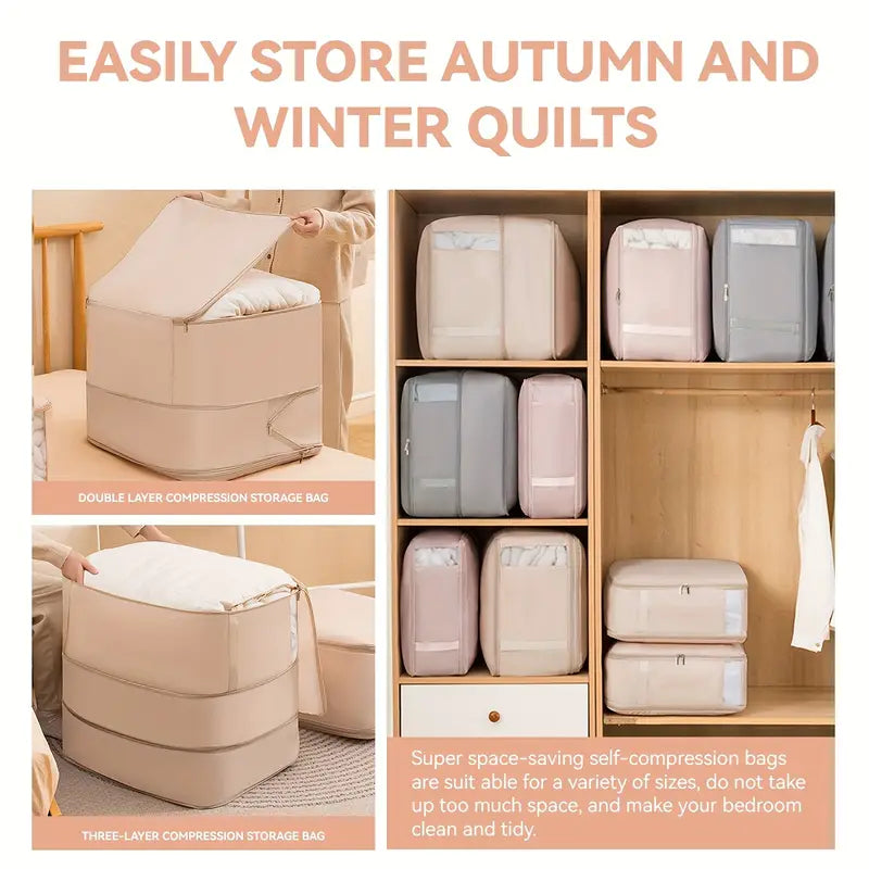 Ultra Space Saving Self Compression Storage Bags with Durable Handle – Large Capacity Organizers for Clothes & Bedding