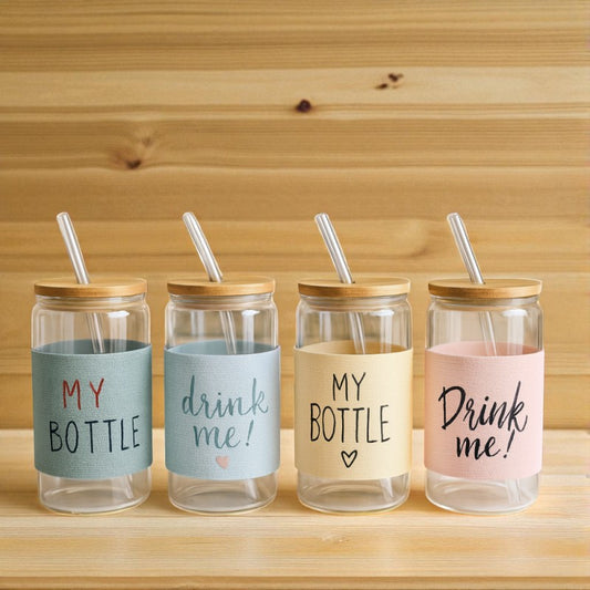 Glass Tumbler 450 ml – Bamboo Lid & Straw | Pastel Sleeve Design by adornia.pk