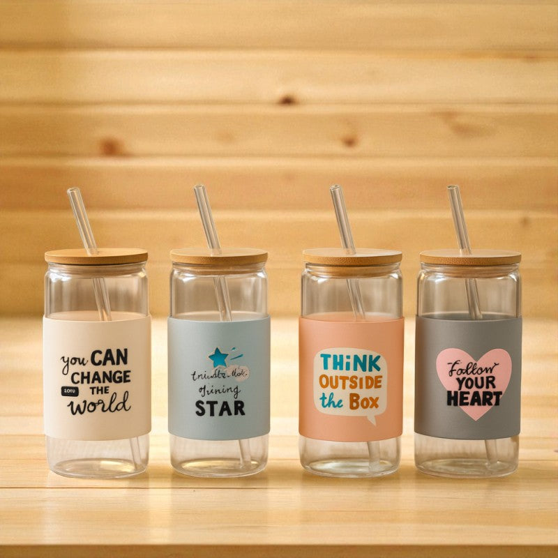 Clear Glass Cup with Bamboo Lid & Straw (450ml) – Motivational Quote Design | Adornia.pk