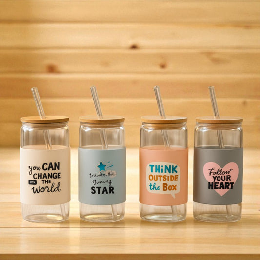 Clear Glass Cup with Bamboo Lid & Straw (450ml) – Motivational Quote Design | Adornia.pk