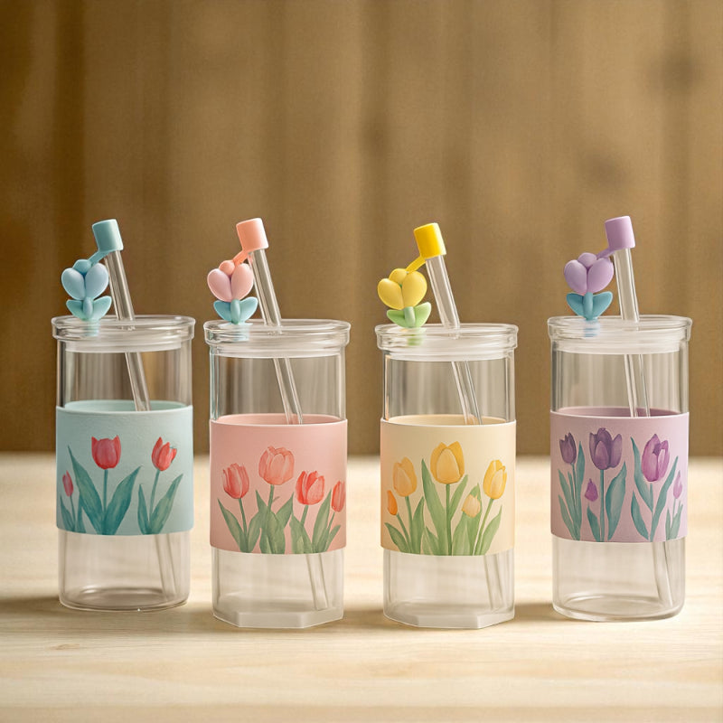 Glass Water Cup 410 ml – Straw & Airtight Lid | Flowers Series by adornia.pk