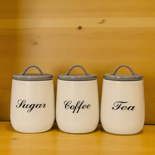 3-Piece Metal Canister Set – Coffee, Sugar & Tea | Airtight Lids Grey by adornia.pk