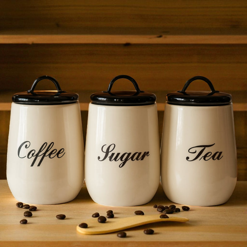 3-Piece Metal Canister Set – Coffee, Sugar & Tea | Airtight Lids Black by adornia.pk