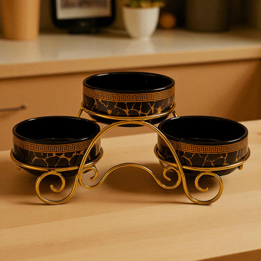Elegant 3-Tier Black & Gold Serving Bowl Set with Stand – Luxury Table Decor | Adornia.pk