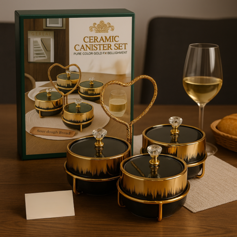 Elegant 3-Piece Ceramic Canister Set with Gold Accents & Crystal Lids – Luxury Kitchen Storage | Adornia.pk