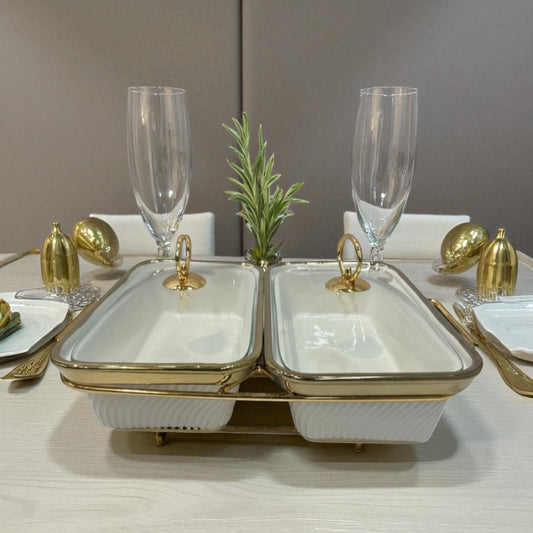 White Rectangular Twin Chafing Serving Dishes with Handles & Metal Stand – Elegant Buffet Set (12