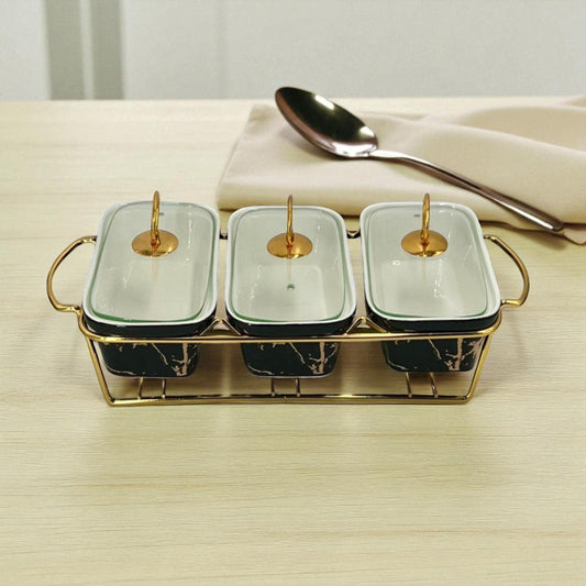 Elegant Triple Chafing Serving Dishes with Handles & Metal Stand – Black Marble Buffet Set (9