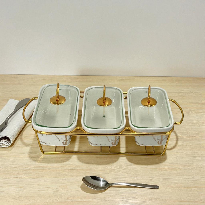 Elegant Triple Chafing Serving Dishes with Handles & Metal Stand – White Marble Buffet Set (9