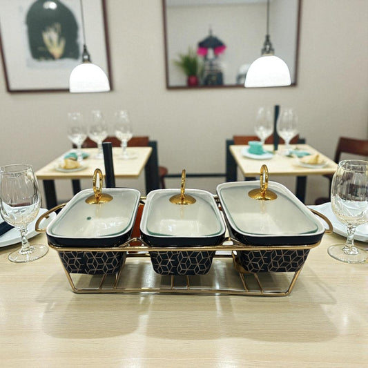 Elegant Triple Chafing Serving Dishes with Handles & Metal Stand – Black Textured Buffet Set (9