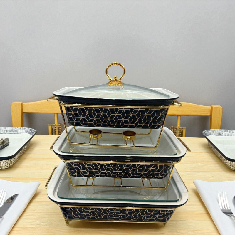 Luxury Imported Rectangular Porcelain Serving Dish (Black Textured) – Glass Lid & Side Handles for Easy Carry - Three Sizes