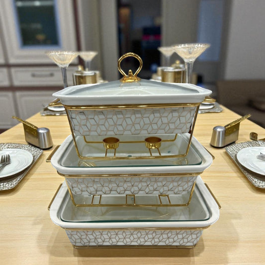 Luxury Imported Rectangular Porcelain Serving Dish (White Textured) – Glass Lid & Side Handles for Easy Carry - Three Sizes