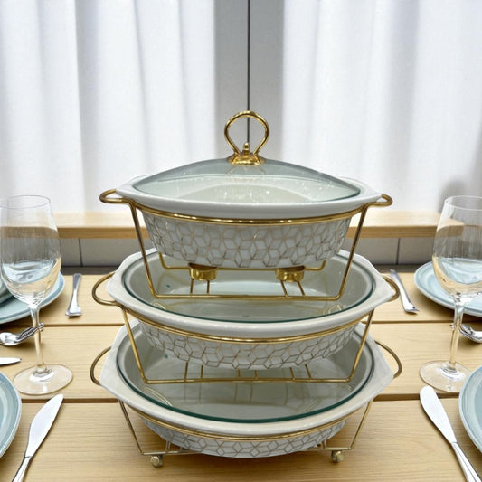 Imported Luxury Oval Serving Dishes (White Textured) with Glass Lid & Side Handles for Easy handling - Three Sizes