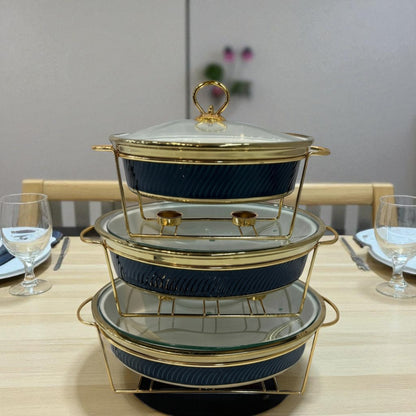 Imported Luxury Oval Porcelain Serving Dish (Black) with Glass Lid & Side Handles for Easy handling - Three Sizes