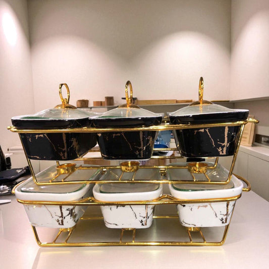 Elegant Triple Chafing Serving Dishes with Handles & Metal Stand – White Textured Buffet Set (9