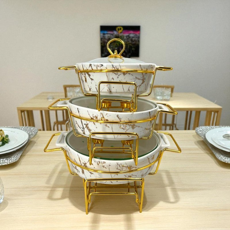 Elegant Imported Oval Porcelain Serveware – White Marble with Handles & golden Matching Lid (Three Sizes)