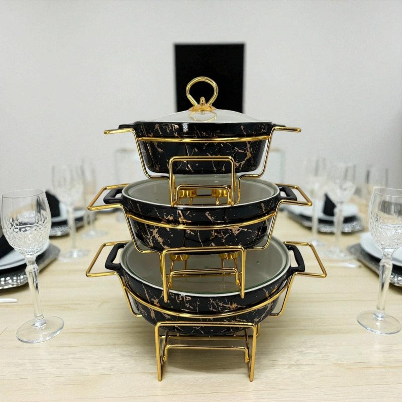 Elegant Imported Oval Porcelain Serveware – Black Marble with Handles & Matching Lid (Three Sizes)