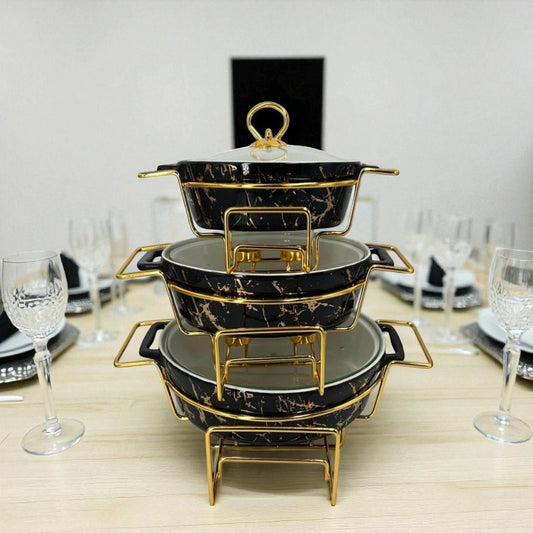Elegant Imported Oval Porcelain Serveware – Black Marble with Handles & Matching Lid (Three Sizes)