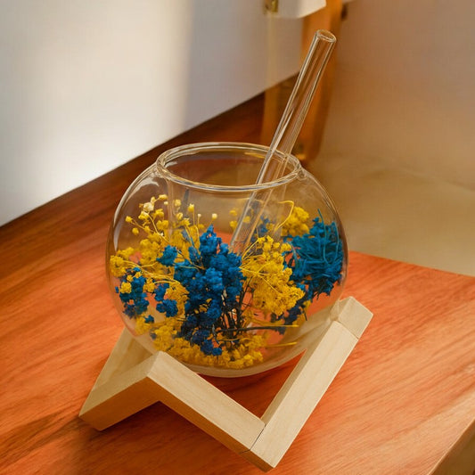 GlassLux Double-Wall Glass Coffee Cup with Straw & Wooden Stand – Heat Resistant | Adornia.pk